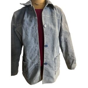 VTG‎ Blue Suede Jacket Contrasting Stitching Collar Pockets Button Front Y2K MED